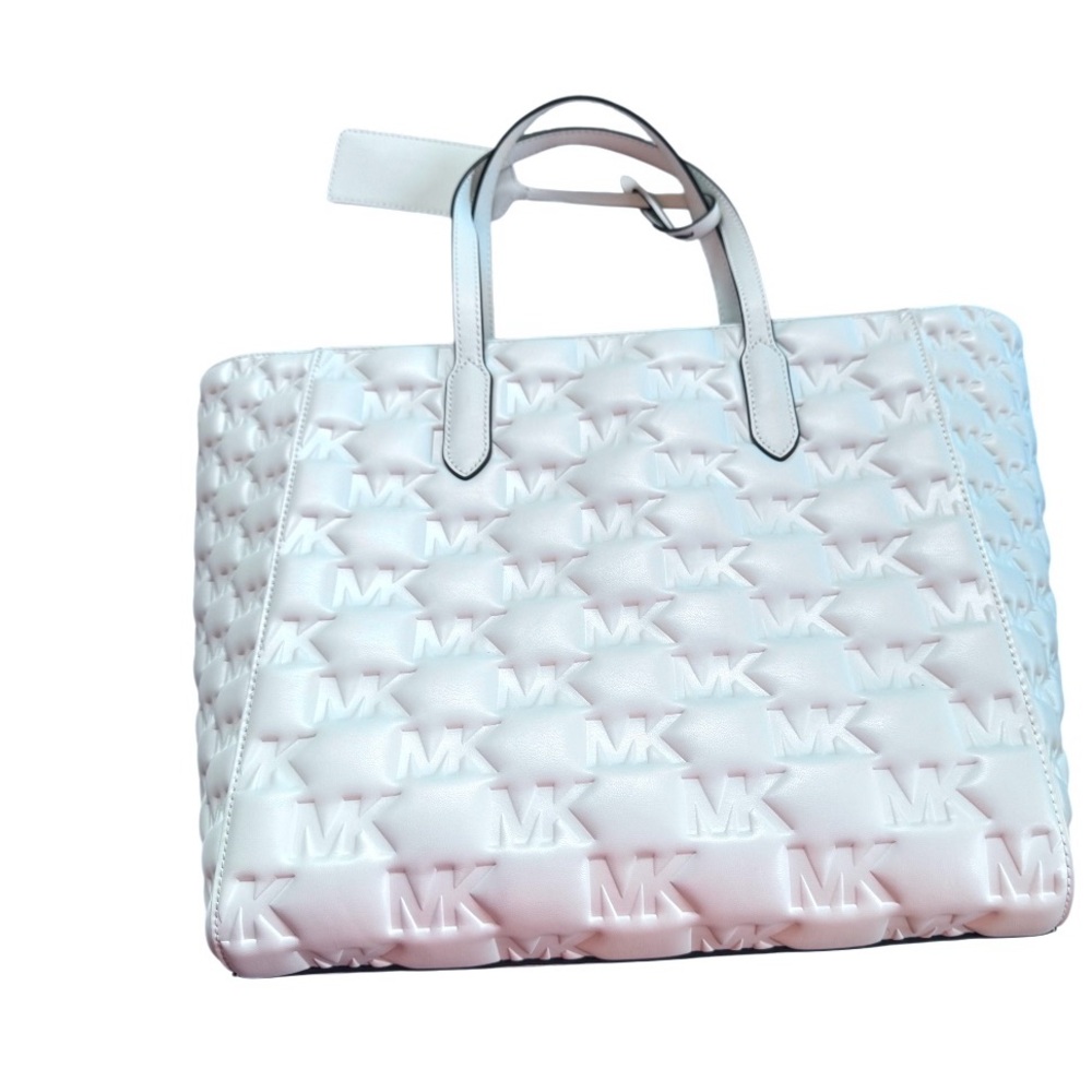 Michael Kors White Embossed MK Logo Tote Bag Silver Hardware